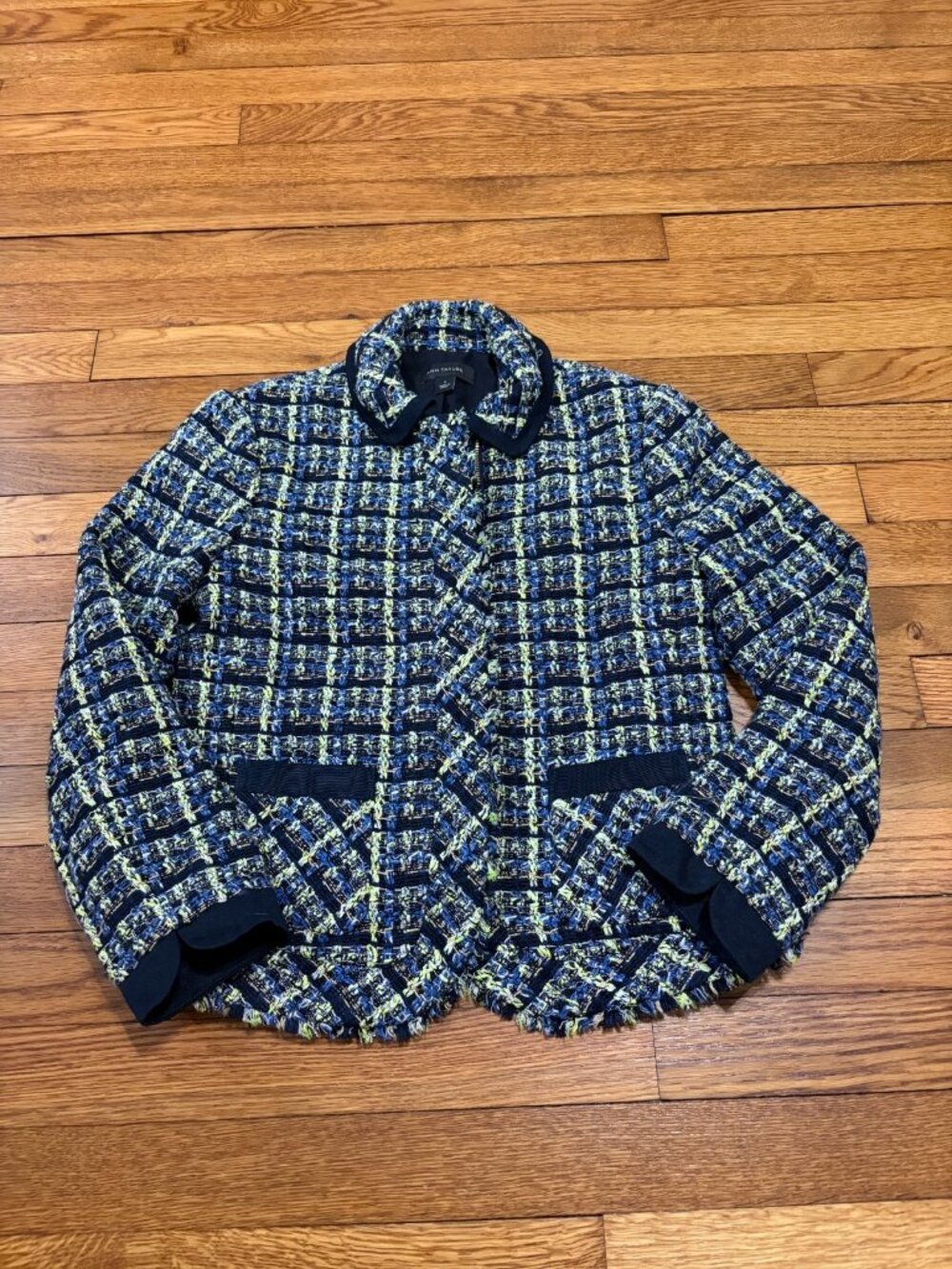 Ann Taylor Fringe Tweed Cardigan Jacket Blazer Size 0 Full Zip Blue Green Career